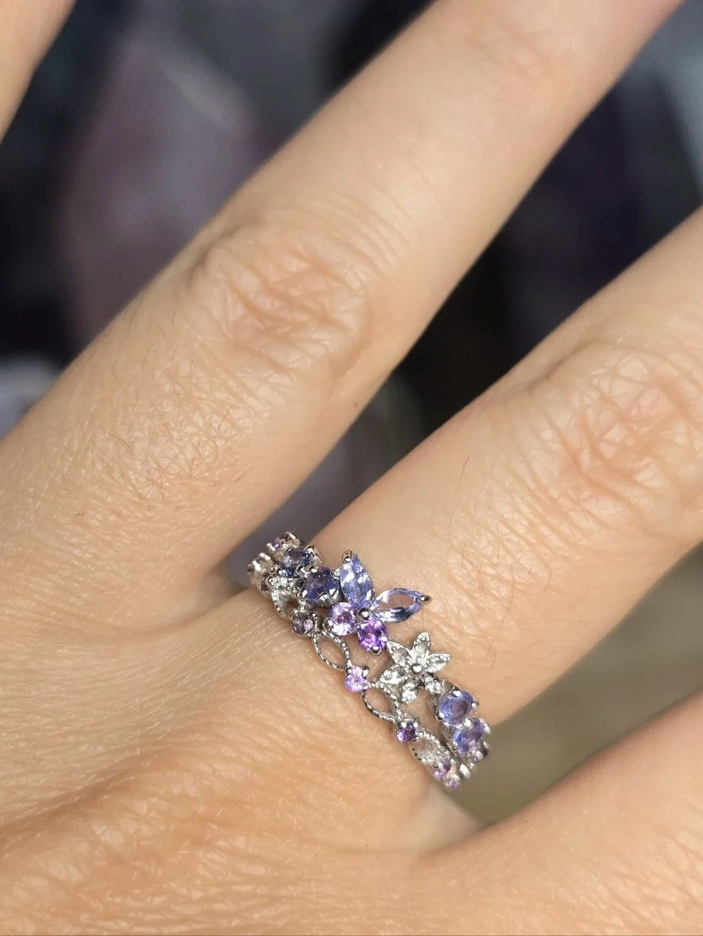 Butterfly Floral Tanzanite & Amethyst Faceted Gemstone Ring Size 7